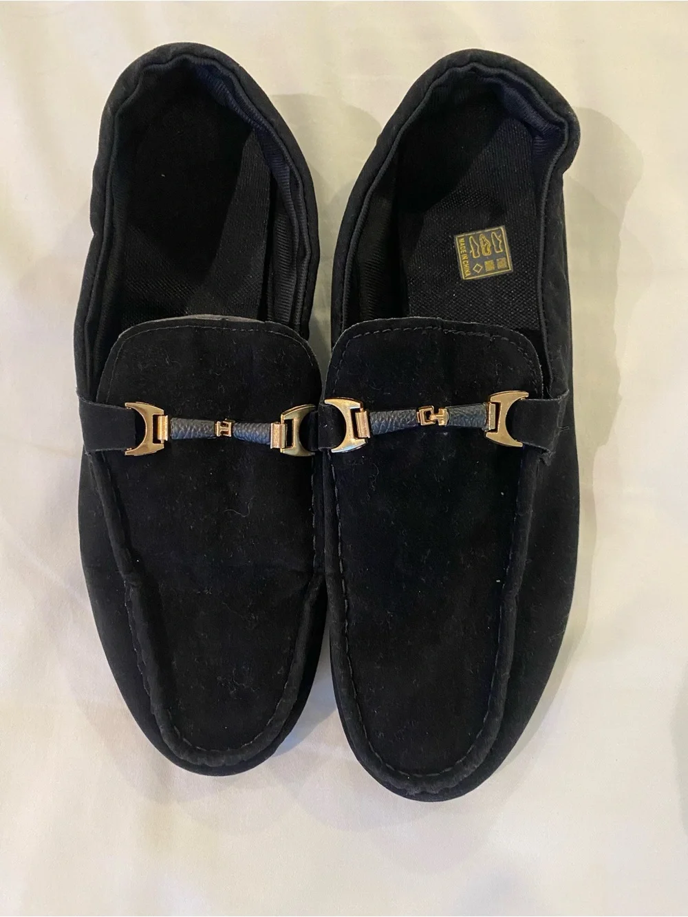 Black Faux‎ Suede Men's Slip-On Loafers with Gold Detail